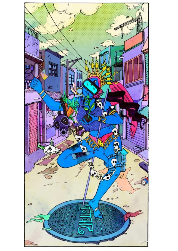 Artwork - QTA, a person in blue standing on a manhole cover wearing or holding different articles, a necklace of skulls a black flag, a crown on its head. They are surrounded by houses.